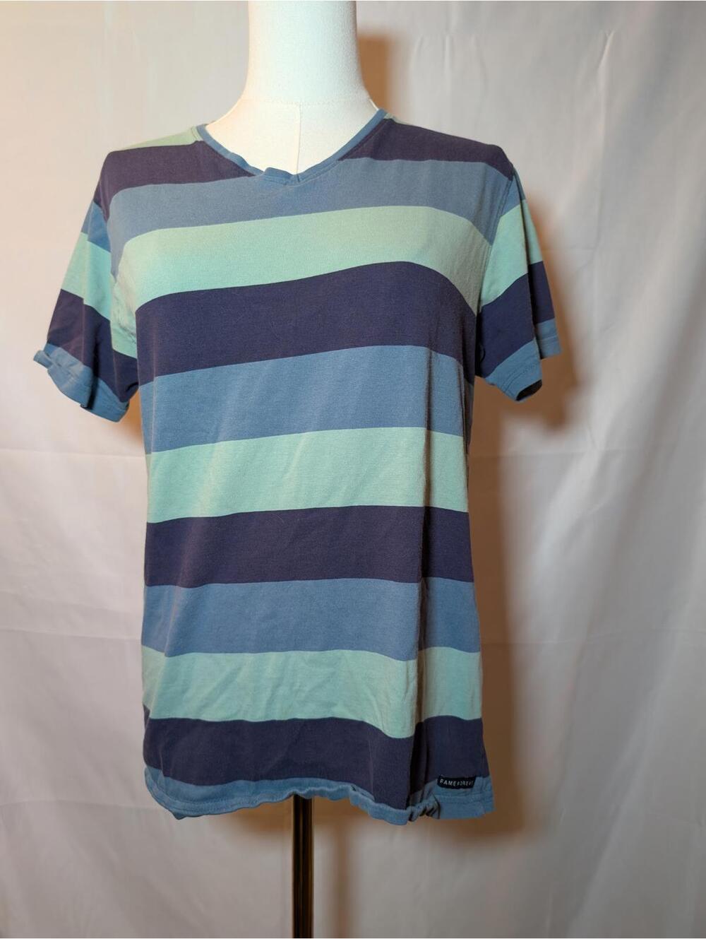 Fame Forever Shades of Blue Striped V-Neck T-Shirt Men's Medium